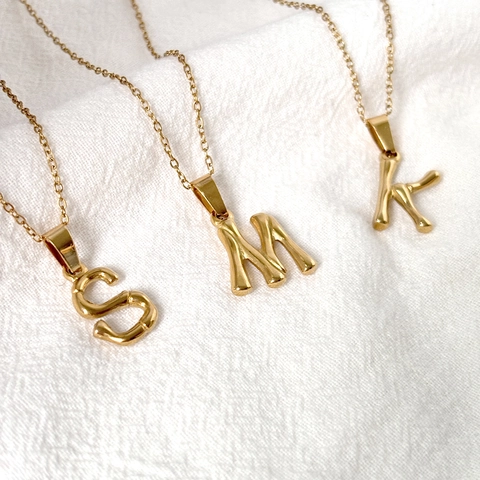 Initial Buchstabe Halskette 18K Vergoldet Edelstahl Bambus Textur Hip Hop Anhänger Schmuck Für Damen