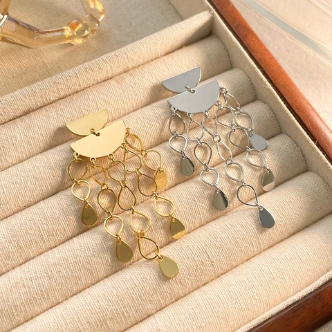 Pendientes De Borla Geométricos En Semicírculo Cobre Chapado En Oro 18K Cadena Larga Gota De Agua Para Mujeres Elegante