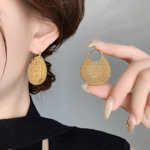Pendientes De Gota De Malla Hueca Cobre Chapado En Oro Retro Lujo Vintage Joyería Para Mujeres