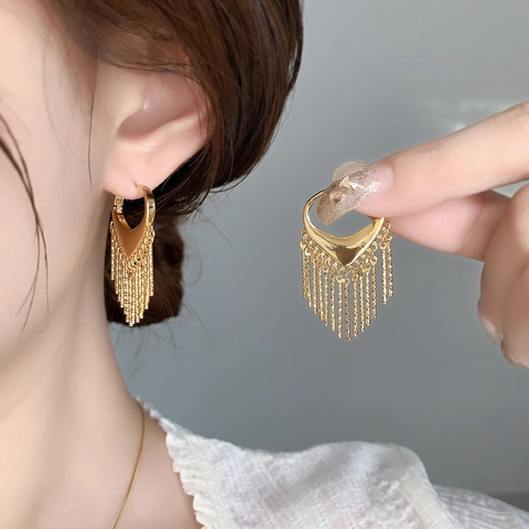 Pendientes Colgantes De Borla De Corazón Cobre Chapado En Oro Cadena Larga Joyería De Moda Para Mujeres