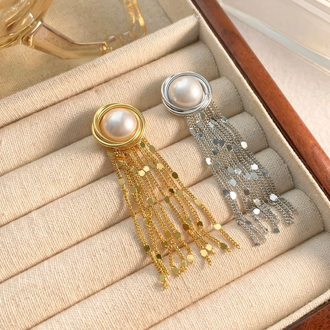 Pendientes Largos De Borla Con Botón De Perla Artificial Sintética Latón Chapado En Oro De 18K Cadena De Lentejuelas Para Mujer