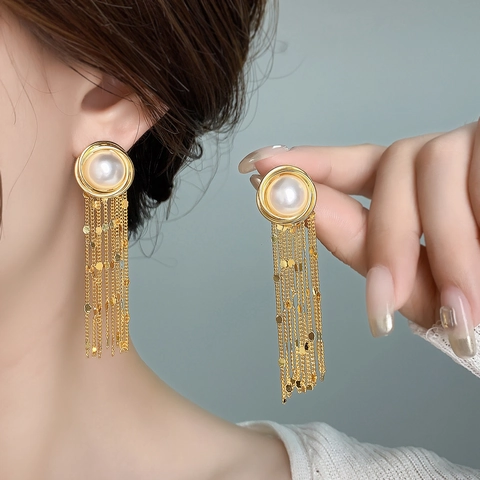 Pendientes Largos De Borla Con Botón De Perla Artificial Sintética Latón Chapado En Oro De 18K Cadena De Lentejuelas Para Mujer