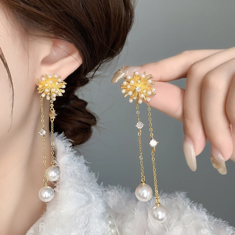Kupfer Schneeflocke Hängeohrringe Mit Imitationsperlen Und Zirkonia Quasten Lange Elegante Modeschmuck