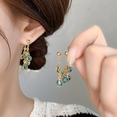 Mint Blue Zircon Tassel Dangle Earrings Geometric Copper Real Gold Plated Elegant Fringe Jewelry For Women