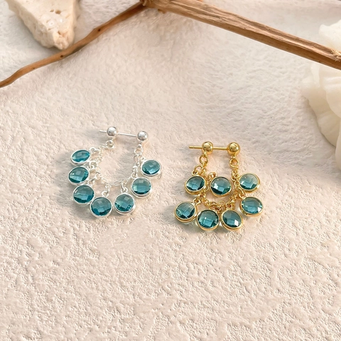 Mint Blue Zircon Tassel Dangle Earrings Geometric Copper Real Gold Plated Elegant Fringe Jewelry For Women