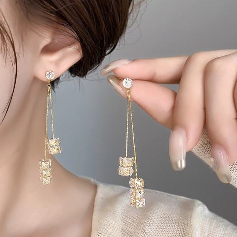 Long Tassel Drop Earrings Copper Gold Plated Cubic Zirconia Ball Pendant Luxury Fashion Jewelry For Women Elegant