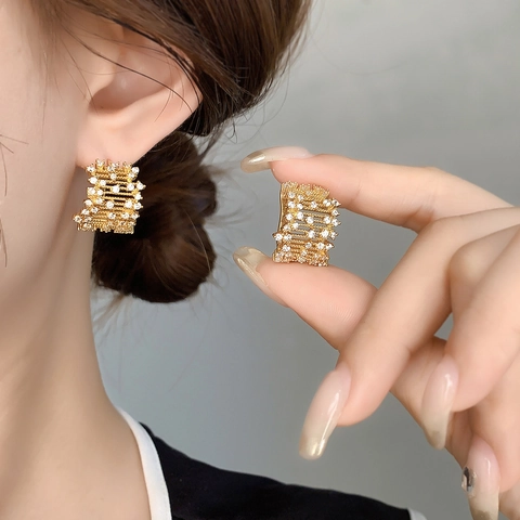 Französische Vintage Kupfer Huggie Ohrringe Mit Klaren Zirkonen Lagig Rechteckiger Schmuck Für Damen Elegante Accessoires