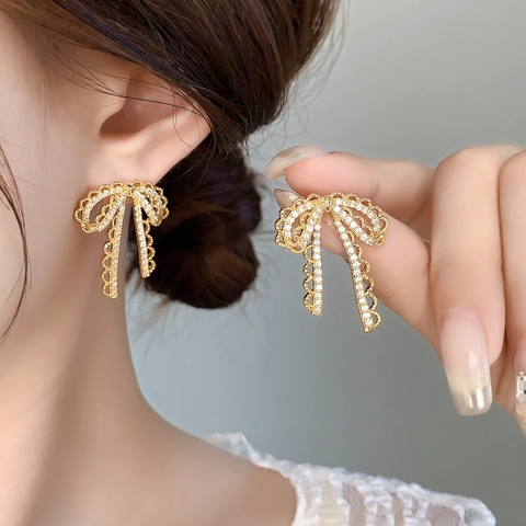 Elegante Strik Hangende Oorbellen Met 925 Sterling Zilveren Oorsteker Zirkonia Kant Koper Voor Dames