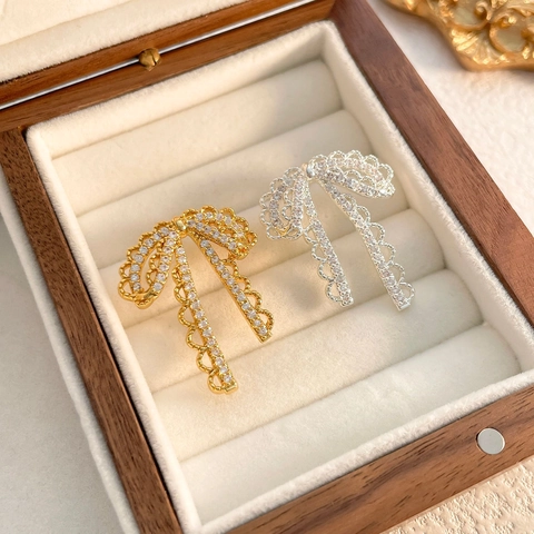 Elegante Strik Hangende Oorbellen Met 925 Sterling Zilveren Oorsteker Zirkonia Kant Koper Voor Dames