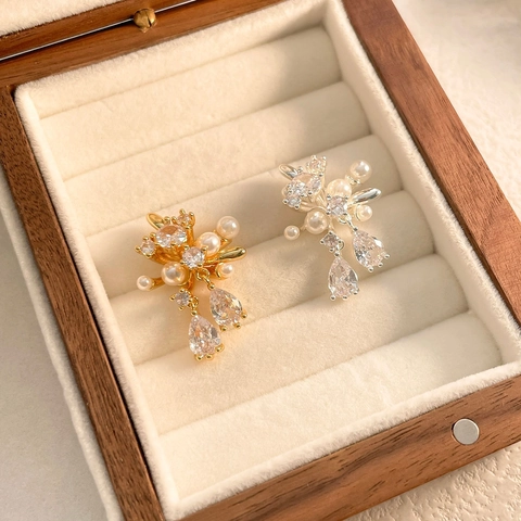 Pendientes De Botón Con Flores Racimo Cobre Con Circonita Y Perla Artificial De Imitación Joyas Elegantes Para Mujeres