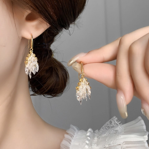 Cluster Zircon Drop Earrings Copper 18K Gold Plated Marquise Cut Transparent Crystal Tassel Fireworks Elegant For Women