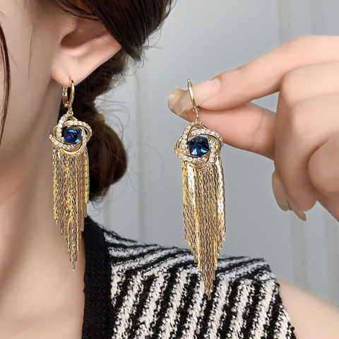 Lange Kwastje Oorbellen Voor Dames Koper Met Blauwe Zirkoon Overdreven Elegante Banket Sieraden Accessoires