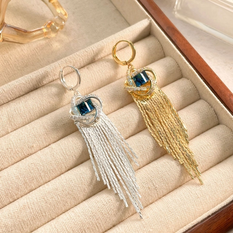 Lange Kwastje Oorbellen Voor Dames Koper Met Blauwe Zirkoon Overdreven Elegante Banket Sieraden Accessoires