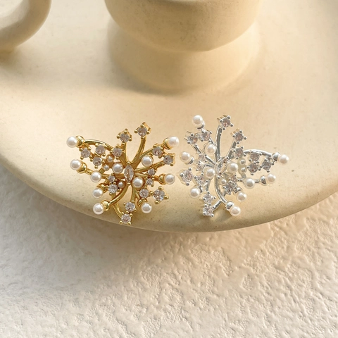 Elegant Butterfly Ear Studs Gold Plated Copper With Zircon And Imitation Artificial Pearl Flower Shape Light Luxury Jewelry For Women