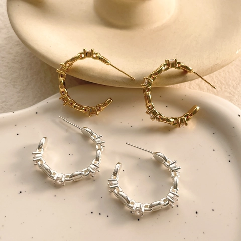Pendientes De Aro En Forma De C De Cobre Circonita Con Pasador De Plata Eslabones Joyería Geométrica Mujer