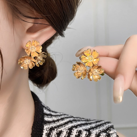 Copper Flower Cluster Stud Earrings 18K Gold Plated Cubic Zirconia Vintage Elegant Jewelry For Women