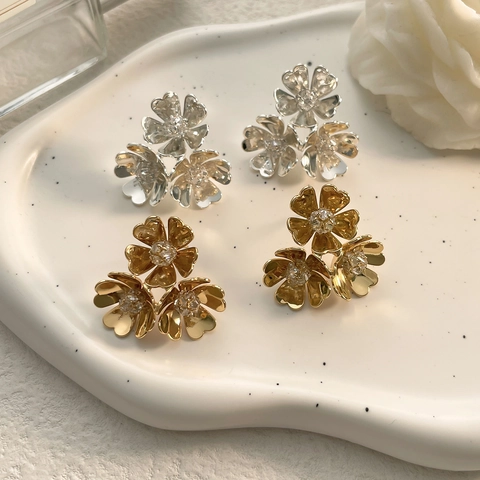 Copper Flower Cluster Stud Earrings 18K Gold Plated Cubic Zirconia Vintage Elegant Jewelry For Women