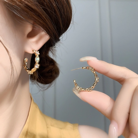 Pendientes De Aro En Forma De C De Cobre Circonita Con Pasador De Plata Eslabones Joyería Geométrica Mujer