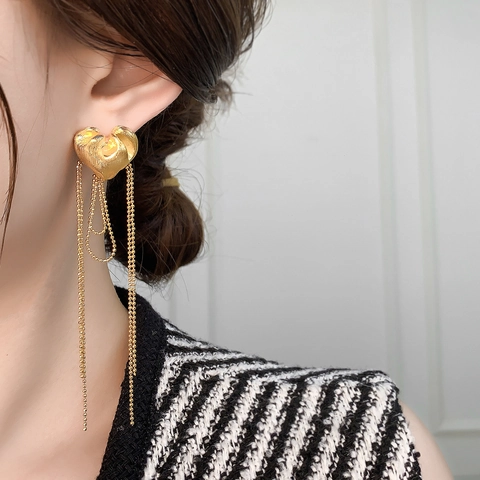 Heart Tassel Stud Earrings Gold Plated Copper Long Bead Chain Brushed Texture Elegant Jewelry For Women