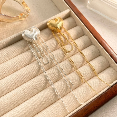 Heart Tassel Stud Earrings Gold Plated Copper Long Bead Chain Brushed Texture Elegant Jewelry For Women