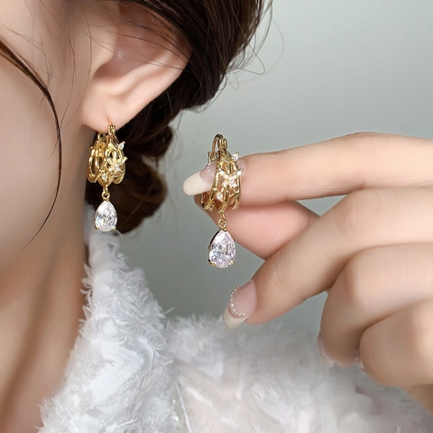 Retro Hollow Bamboo Branch Teardrop Earrings Copper Zircon 18K Gold Plated Pear Shape Dangle Light Luxury For Women