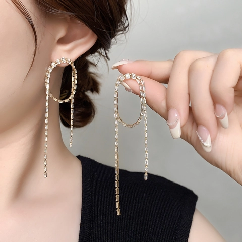 Pendientes Largos De Borla Cobre Chapado En Oro Zirconia Con Poste De Plata Minimalista Elegante Para Mujer