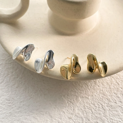 Irregular Twisted Stud Earrings With 925 Sterling Silver Earring Post Gold Plated Liquid Metal Minimalist Jewelry For Women