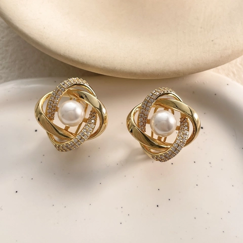 Spiral Stud Earrings Copper 18K Gold Plated With Zircon And Imitation Artificial Pearl Geometric Elegant Jewelry For Women