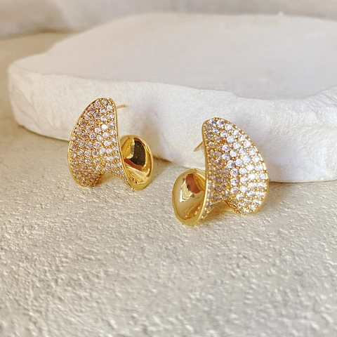 Irregular Curved Stud Earrings With 925 Sterling Silver Earring Post Brass Zircon Inlaid Elegant Light Luxury Jewelry For Women