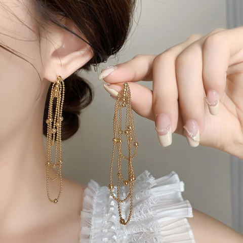 Long Tassel Earrings Multi Layer Bead Chain Geometric Oval Gold Plated Copper 925 Sterling Silver Earring Post Jewelry