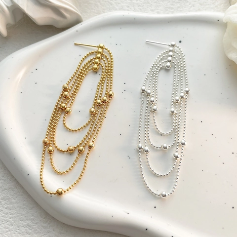 Long Tassel Earrings Multi Layer Bead Chain Geometric Oval Gold Plated Copper 925 Sterling Silver Earring Post Jewelry
