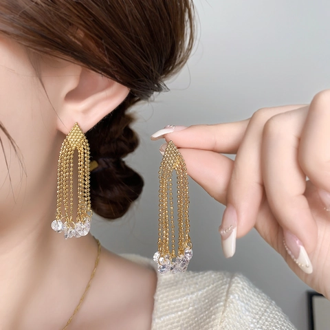 Pendientes De Borla De Cobre Y Circón Chapados En Oro Real Cadena De Bolas Larga Joyas Para Mujeres