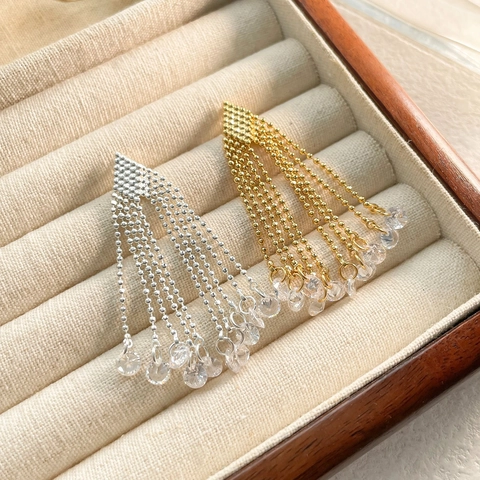 Pendientes De Borla De Cobre Y Circón Chapados En Oro Real Cadena De Bolas Larga Joyas Para Mujeres