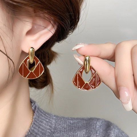 Vintage Geometric Drop Stud Earrings Copper With 18K Real Gold Plated Burgundy Enamel Fan Shape Retro For Women