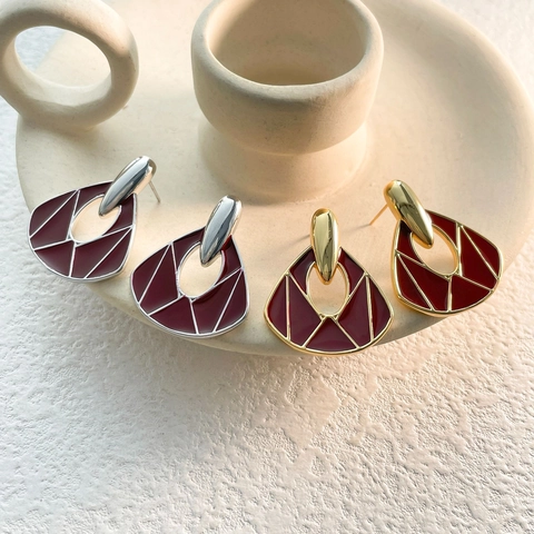 Vintage Geometric Drop Stud Earrings Copper With 18K Real Gold Plated Burgundy Enamel Fan Shape Retro For Women