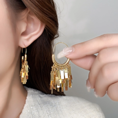 Geometric Tassel Hoop Earrings With 925 Sterling Silver Earring Post Copper Rectangle Fringe Fashion Jewelry For Women