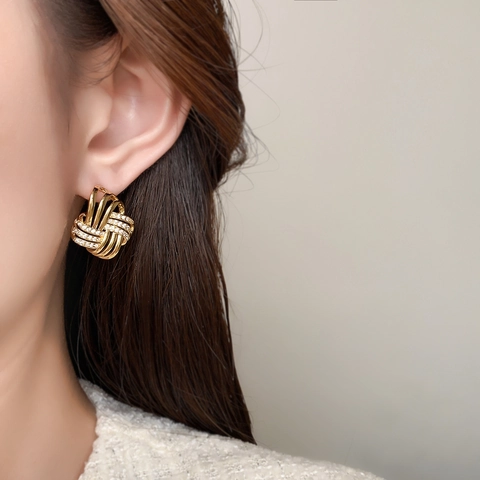 Woven Knotted Stud Earrings With Zircon Copper 18K Gold Plated 925 Sterling Silver Earring Post For Women Elegant