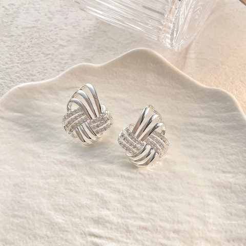 Woven Knotted Stud Earrings With Zircon Copper 18K Gold Plated 925 Sterling Silver Earring Post For Women Elegant