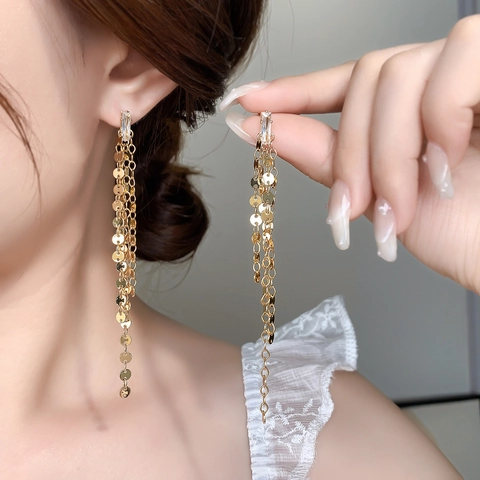 Vintage Lange Quasten Ohrhänger Mit Rechteckigem Zirkon Und Kreisförmigen Metallpailletten Vergoldetes Kupfer Für Damen