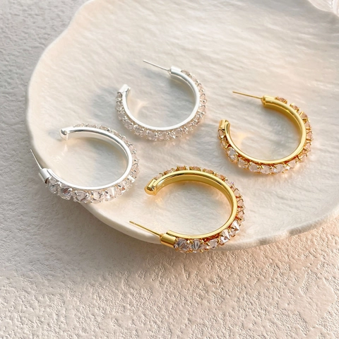 Boucles D'oreilles Créoles En Forme De C Zircon Micro Pavé Bijoux En Laiton Plaqué Or Avec Tige En Argent Sterling 925 Pour Femmes