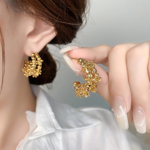 Boucles D'oreilles Créoles En Forme De C Texture De Perles Métalliques Irrégulières Cuivre Avec Tige En Argent 925 Pour Femmes