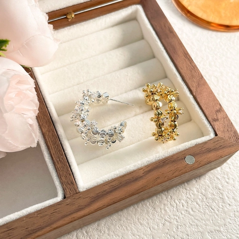 Boucles D'oreilles Créoles En Forme De C Texture De Perles Métalliques Irrégulières Cuivre Avec Tige En Argent 925 Pour Femmes