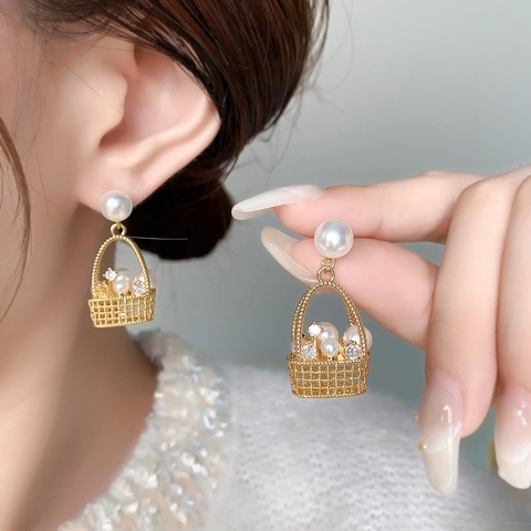 Hängeohrringe In Korbform Mit 925 Sterling Silber Ohrstecker Vergoldetes Kupfer Kunstperle Zirkon Für Damen Vintage