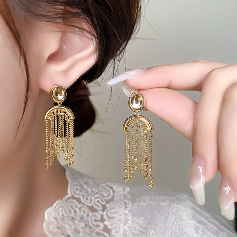 Vintage Lange Quaste Hängeohrringe Kupfer Echt Vergoldet Perlenkette Bogen Geometrischer Schmuck Mit Silbernem Ohrstecker