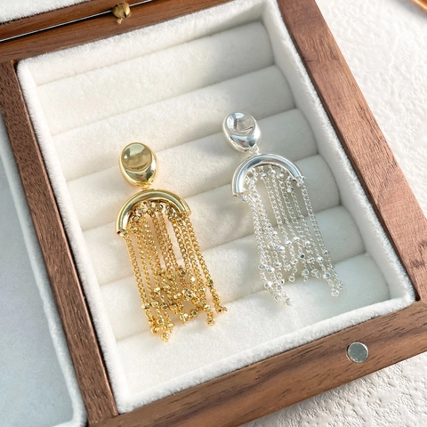 Vintage Lange Quaste Hängeohrringe Kupfer Echt Vergoldet Perlenkette Bogen Geometrischer Schmuck Mit Silbernem Ohrstecker