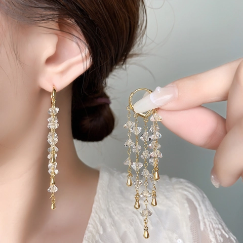 Franse Stijl Kwastje Oorbellen Koper 18K Verguld Kristallen Kralen Lange Ketting Waterdruppel Elegant Vrouwen