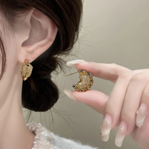 C-Shape Stud Earrings Copper 18K Gold Plated Mesh Grid Texture Irregular Wavy With 925 Sterling Silver Earring Post Women