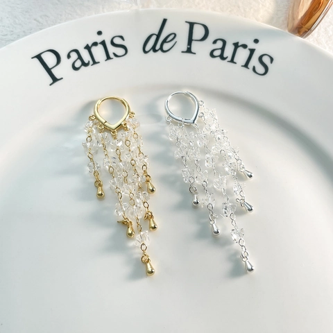 Franse Stijl Kwastje Oorbellen Koper 18K Verguld Kristallen Kralen Lange Ketting Waterdruppel Elegant Vrouwen