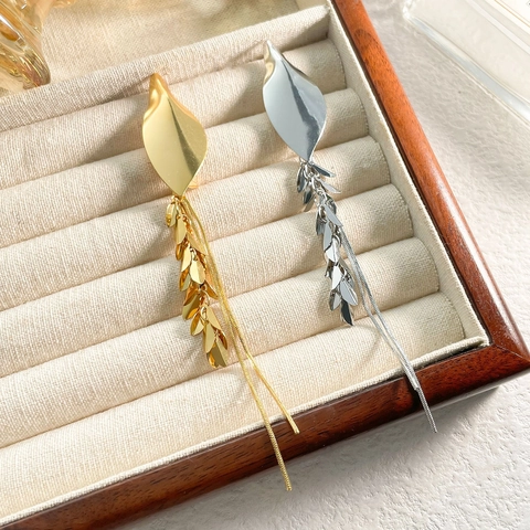 Vintage Blatt Weizen Quaste Tropfen Ohrringe Lange Kette Kupfer Mit Kupfer Ohrstecker Elegante Mode Für Frauen