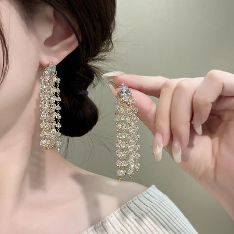Lange Quasten Ohrhänger Damen Luxus Marquise Zirkon Strass Kristall Perlen 18K Vergoldet Kupfer Silberner Ohrstecker